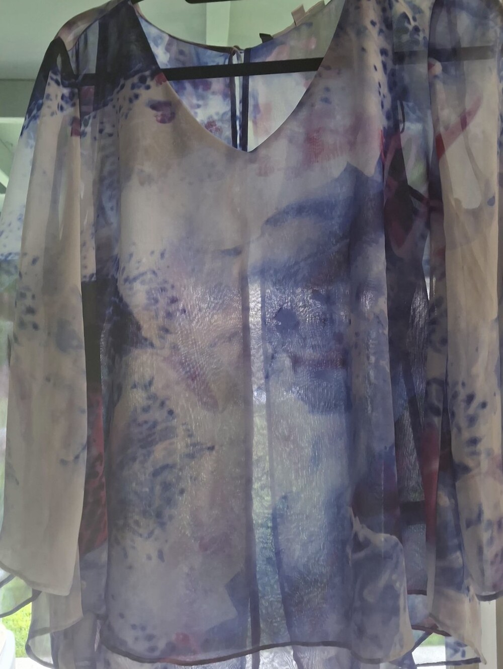 Jennifer Lopez Sheer Floral V-Neck Blouse in Blue and Purple